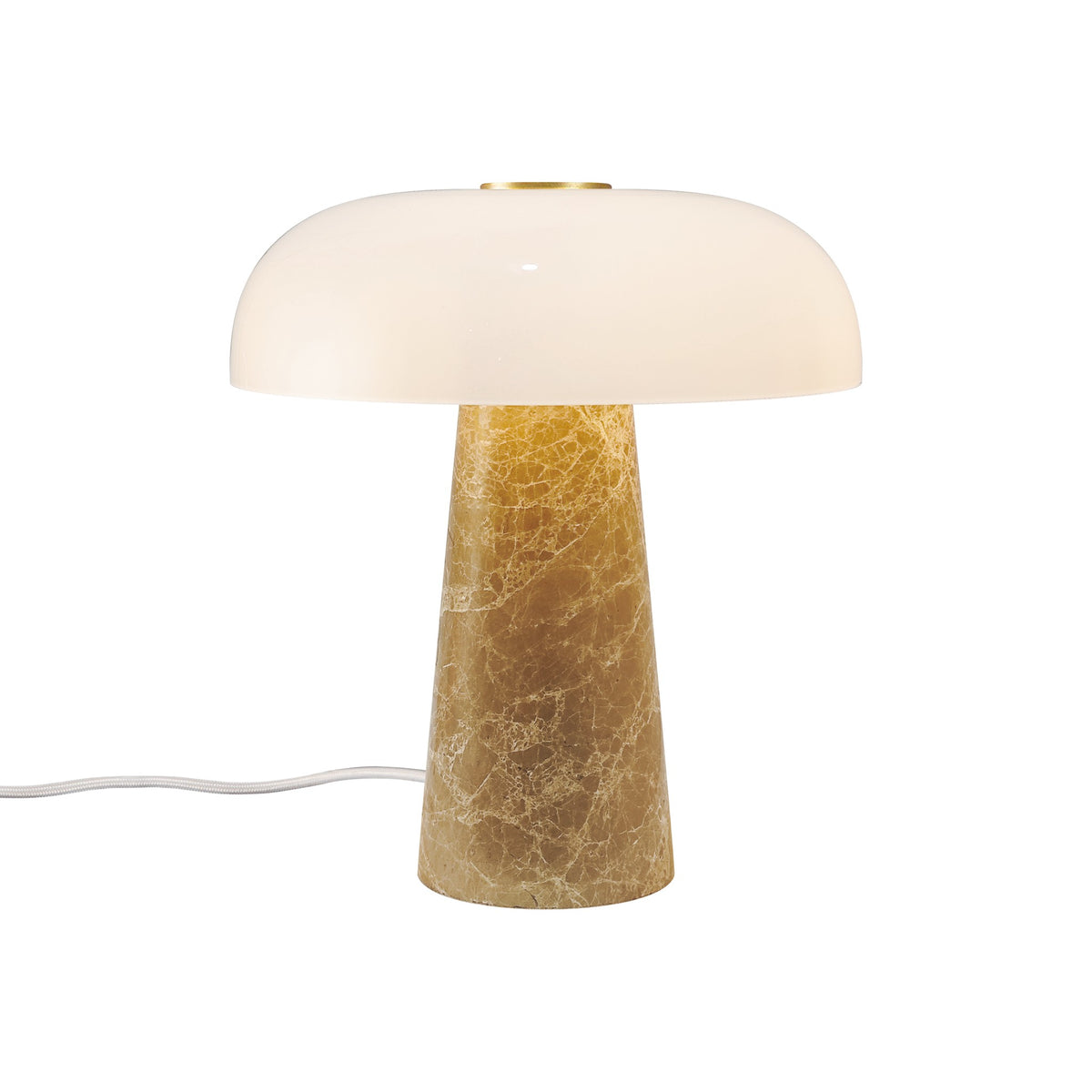 Lampe à poser de face, abat-jour en verre blanc et socle en marbre