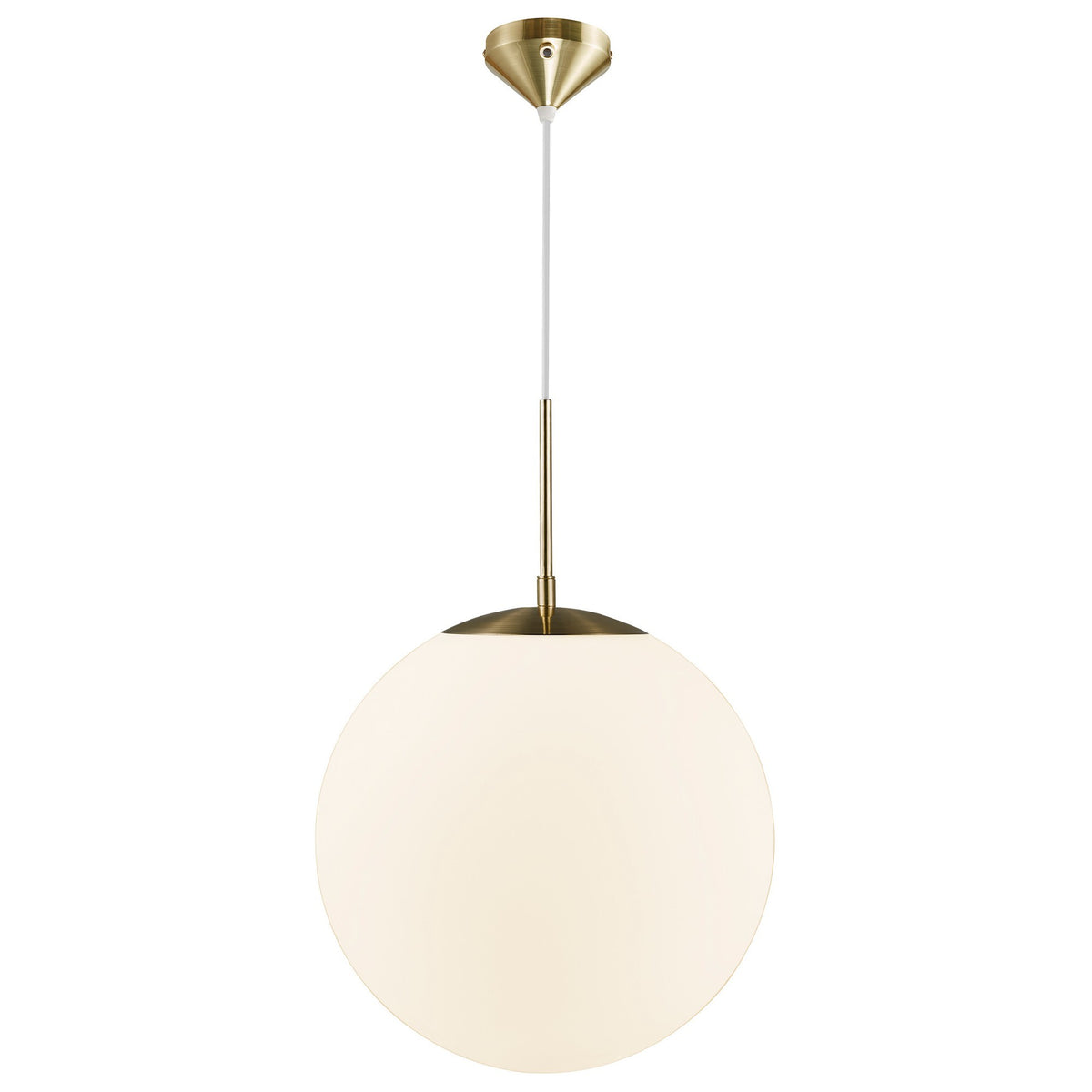 Vue générale du luminaire suspendu avec câble blanc et rosace dorée