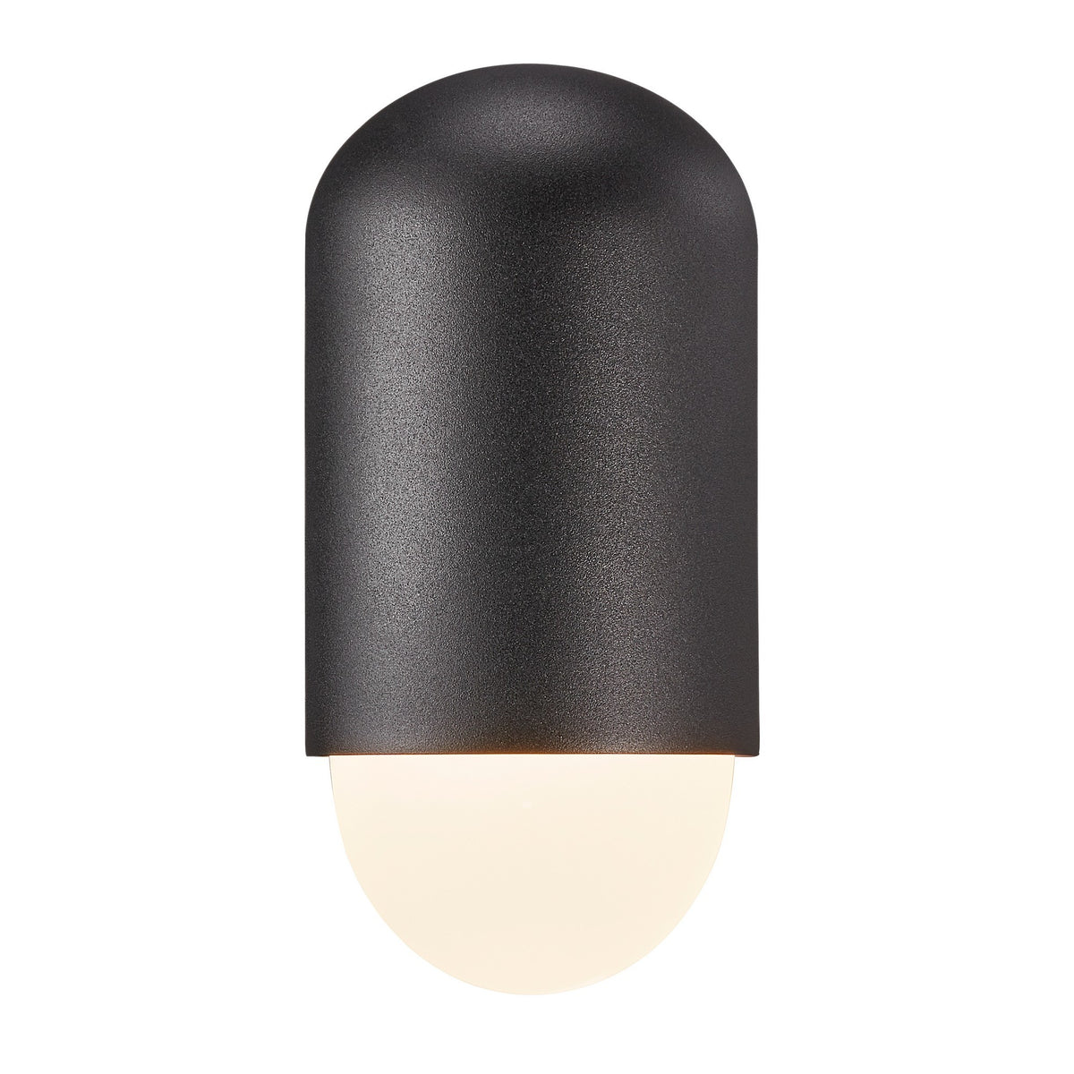 Vue de face de l'applique noire, corps arrondi et globe de verre opalin allumé