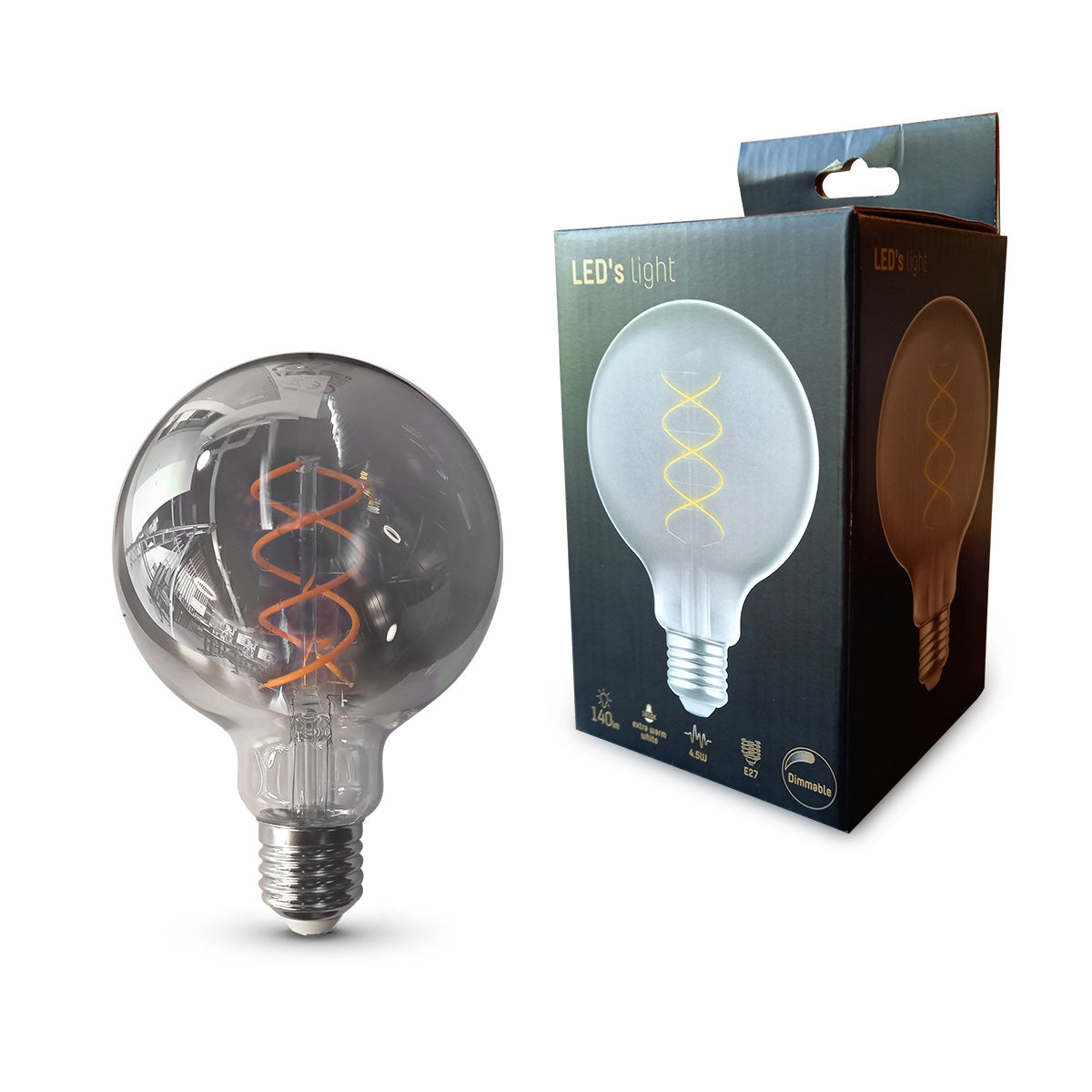 Ampoule fumée présentée à côté de son emballage noir carton avec logo LED's light