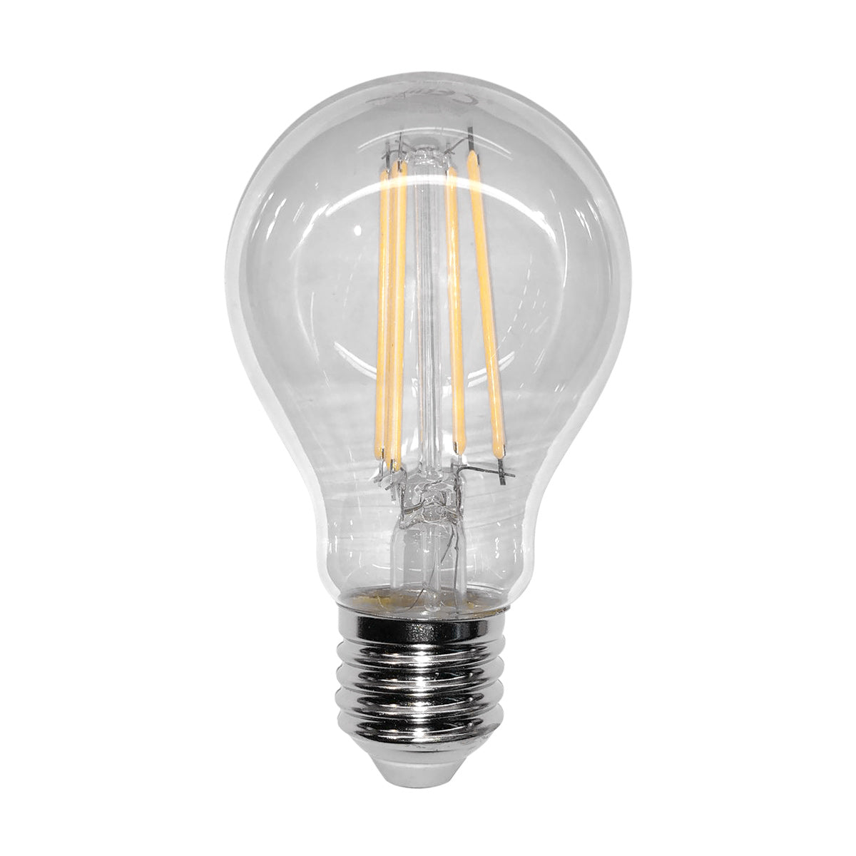Ampoule LED transparente à filaments vue de face sur fond blanc neutre