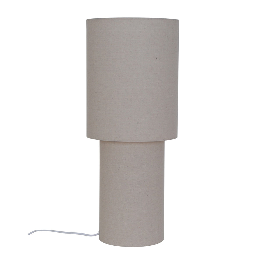 Même lampadaire beige éteint, présenté de face sur fond blanc neutre.