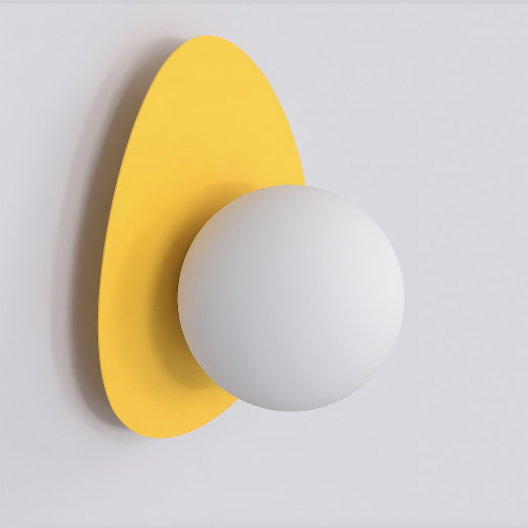 Vue de profil de l'applique jaune avec son globe blanc allumé sur fond clair