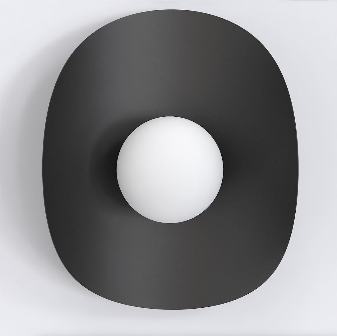 Vue de face de l'applique noire ovale avec diffuseur sphérique blanc au centre