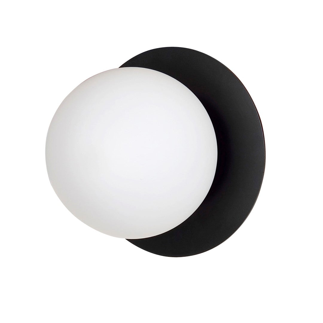 Produit seul, applique murale ronde noire à diffuseur sphérique blanc de face