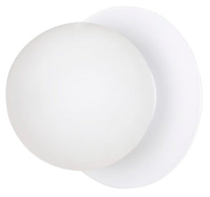 Vue rapprochée de la sphère blanche et de sa platine murale ronde.