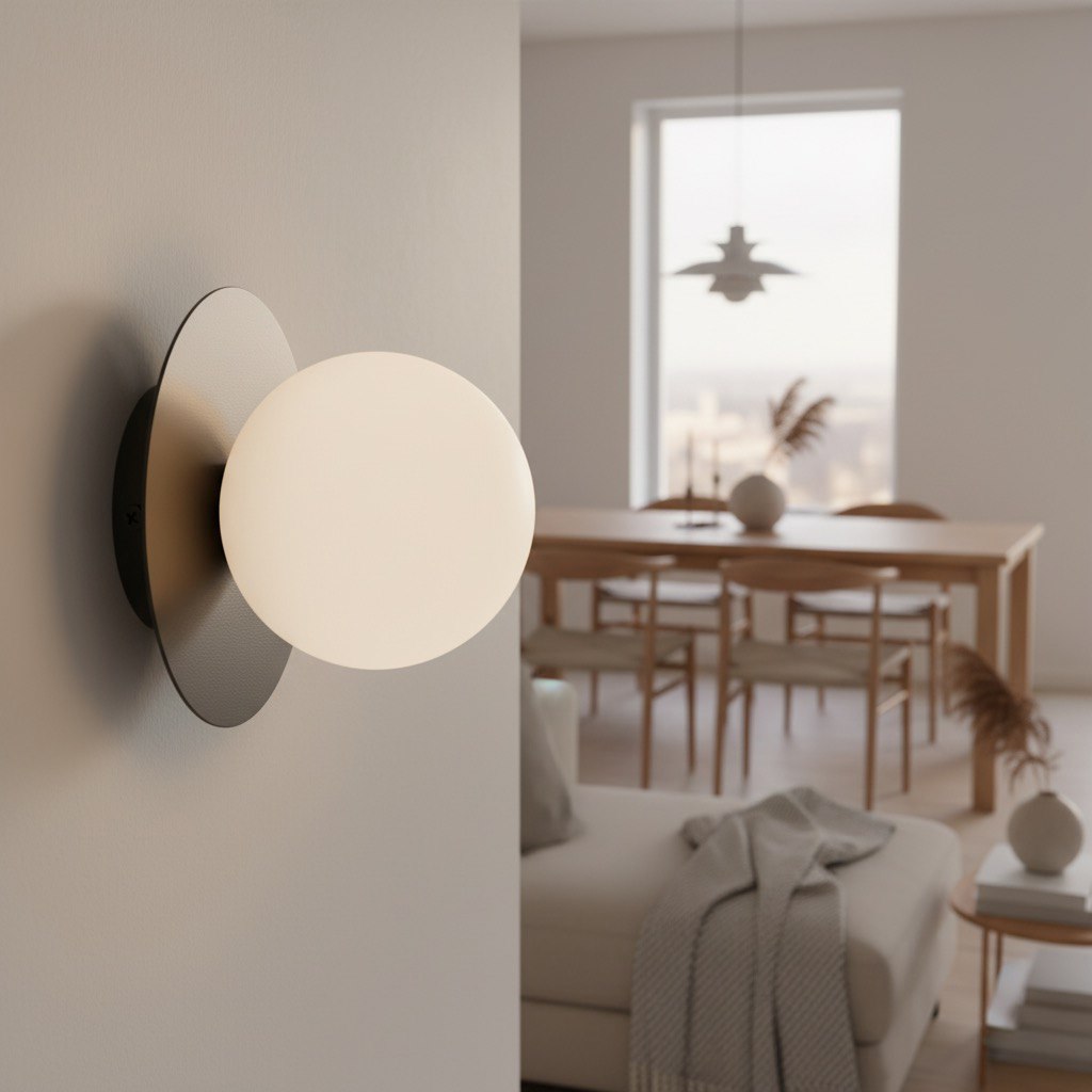 Mise en ambiance dans une salle à manger, applique allumée diffusant une lumière chaude