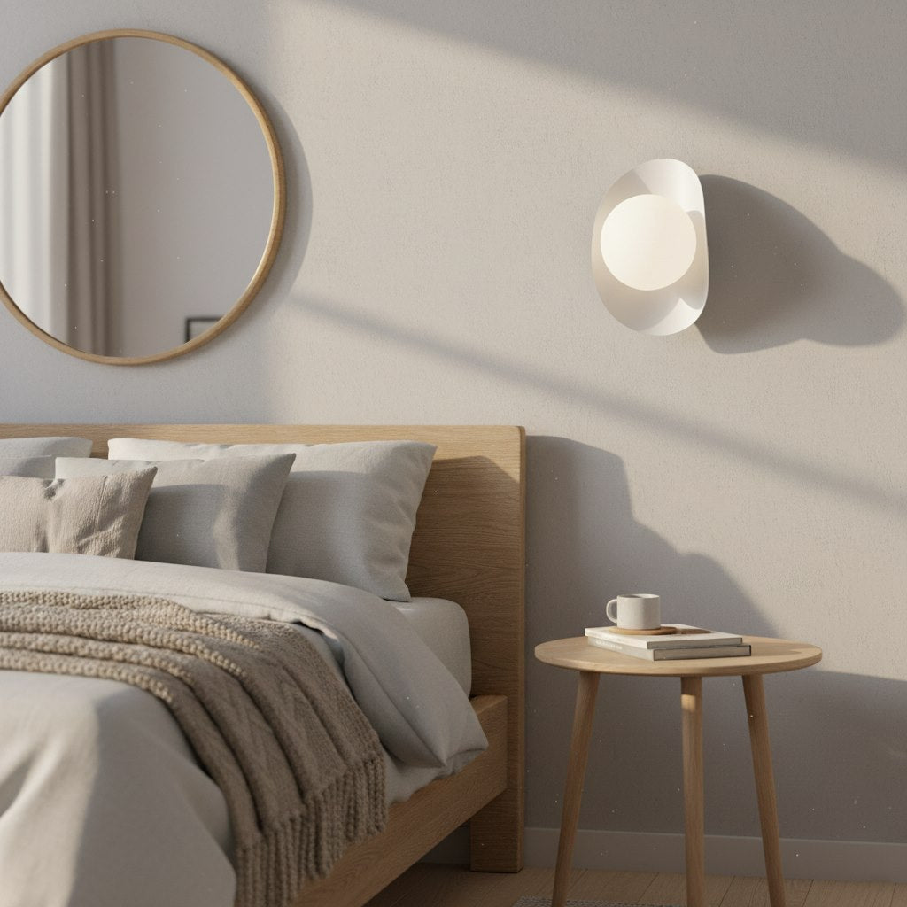 Mise en ambiance chambre avec applique allumée près du lit et miroir
