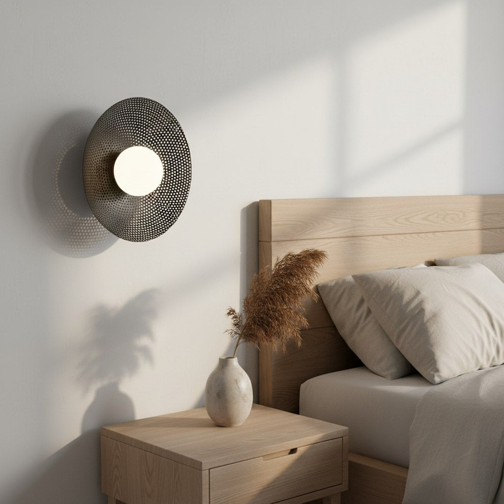 Mise en ambiance dans une chambre, applique allumée au-dessus d'une table de chevet
