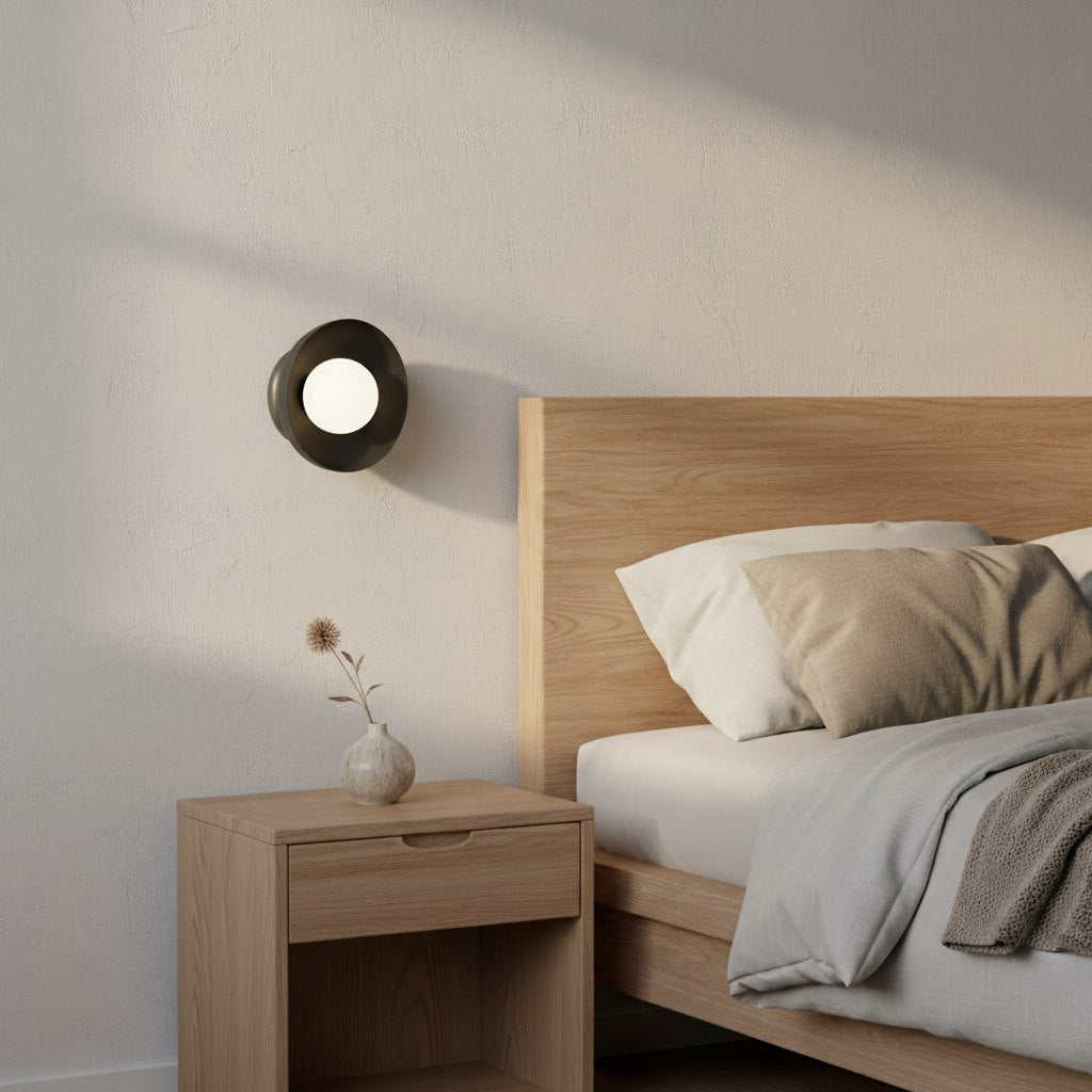 Mise en ambiance : applique allumée sur un mur clair près du lit