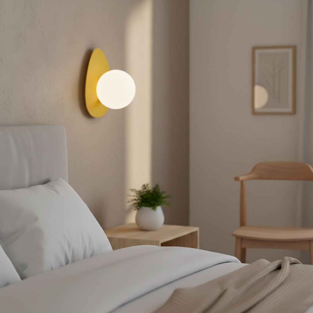 Mise en ambiance dans une chambre, applique allumée au-dessus d'une tête de lit