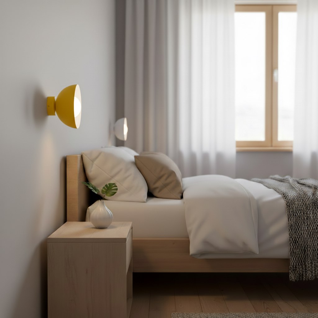 Mise en ambiance en chambre, deux appliques jaunes de part et d'autre du lit