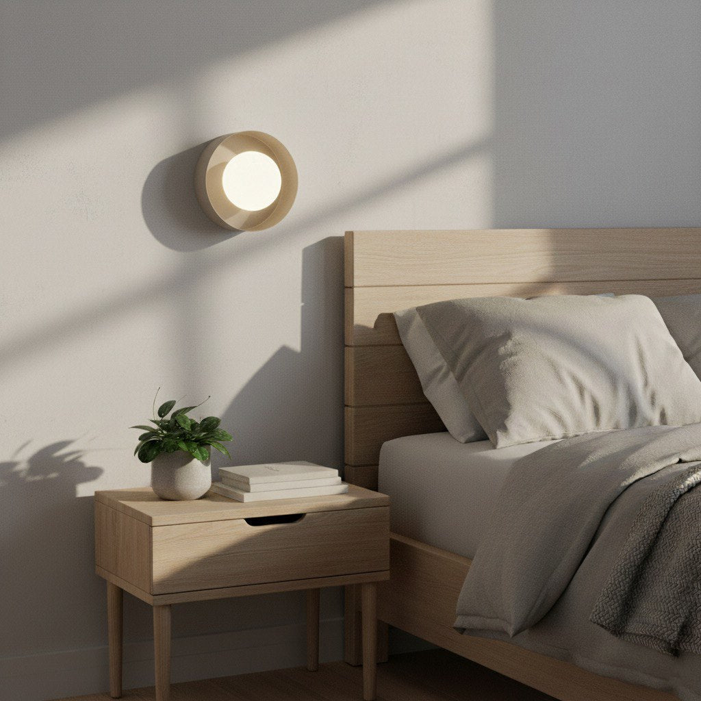 Ambiance chambre, applique allumée au-dessus d'une table de chevet en bois