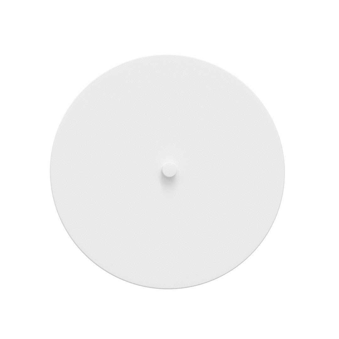 Vue de face du disque blanc mat, mince et parfaitement circulaire sur fond clair