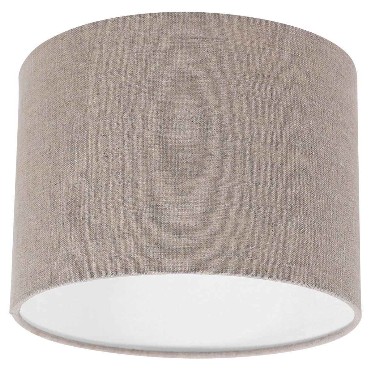 Abat-jour cylindrique en lin gris vu de trois quarts avec diffuseur blanc