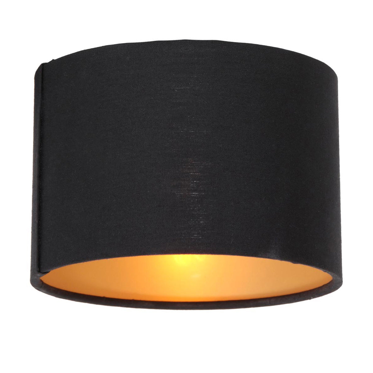 Abat-jour cylindrique noir vu de face, intérieur doré qui réfléchit la lumière