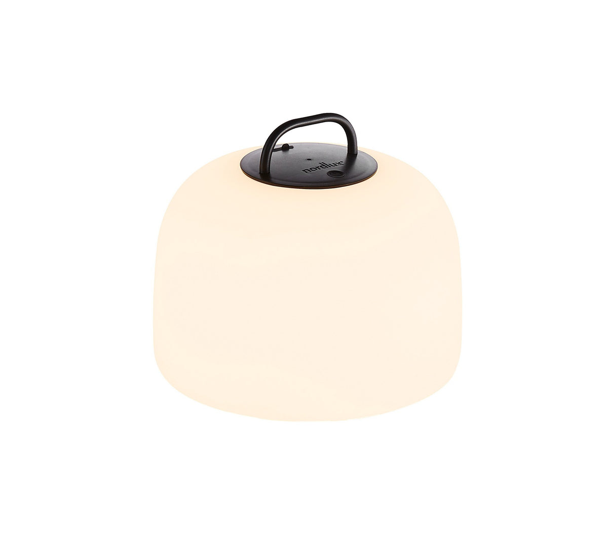 Luminaire nomade blanc à anse noire, présenté de trois quarts sur fond blanc.