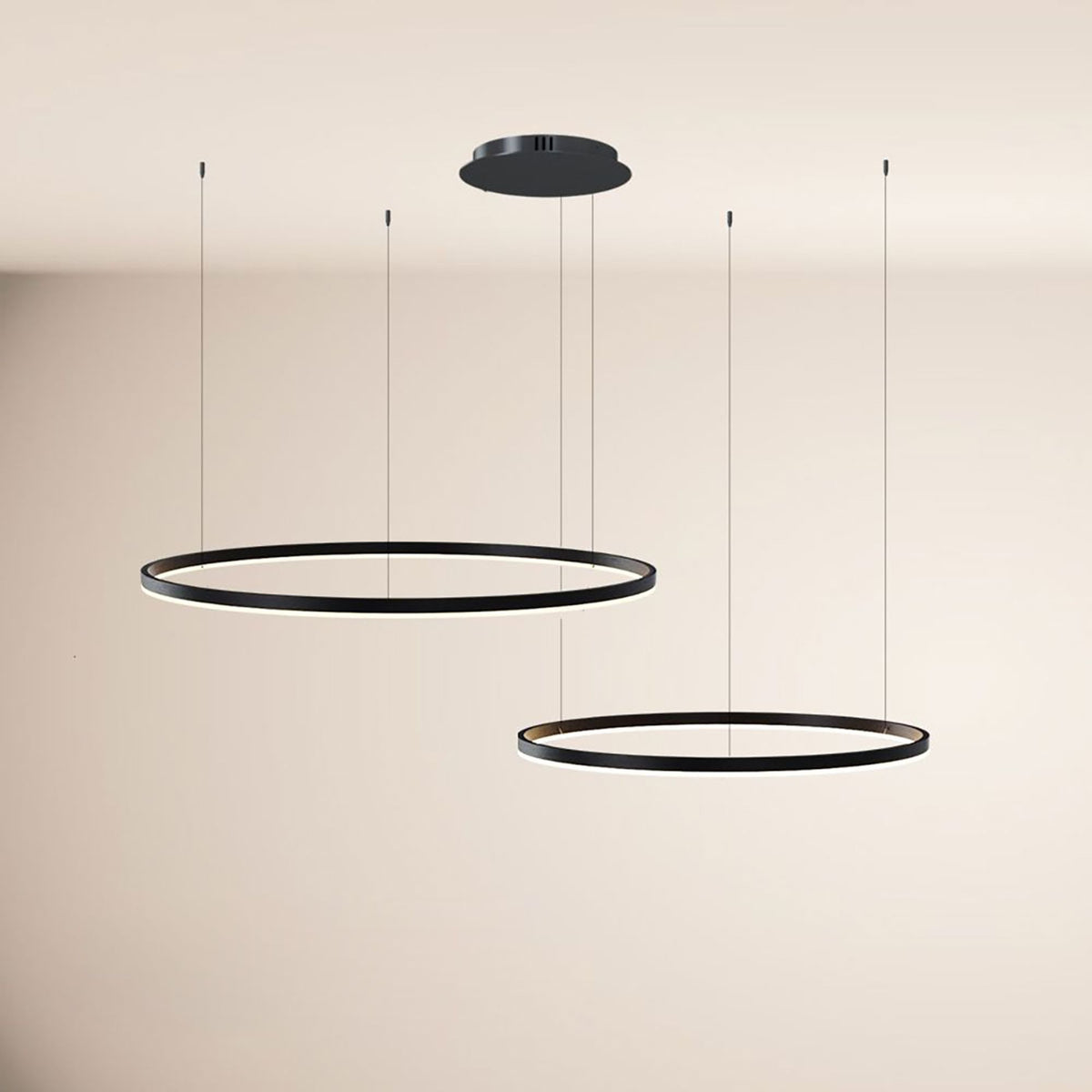 Vue de face du luminaire à deux anneaux noirs décalés tenus par câbles fins