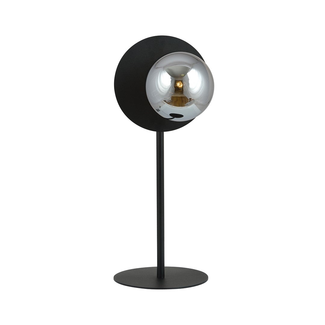 Lampe de chevet noire avec sphère en verre fumé, vue de face sur fond blanc