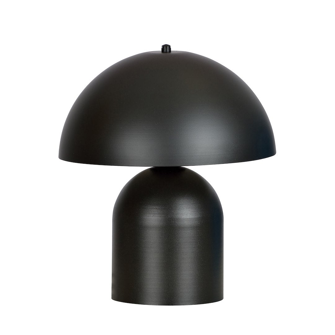 Lampe de chevet noire de face, abat-jour bombé et base cylindrique, sur fond blanc