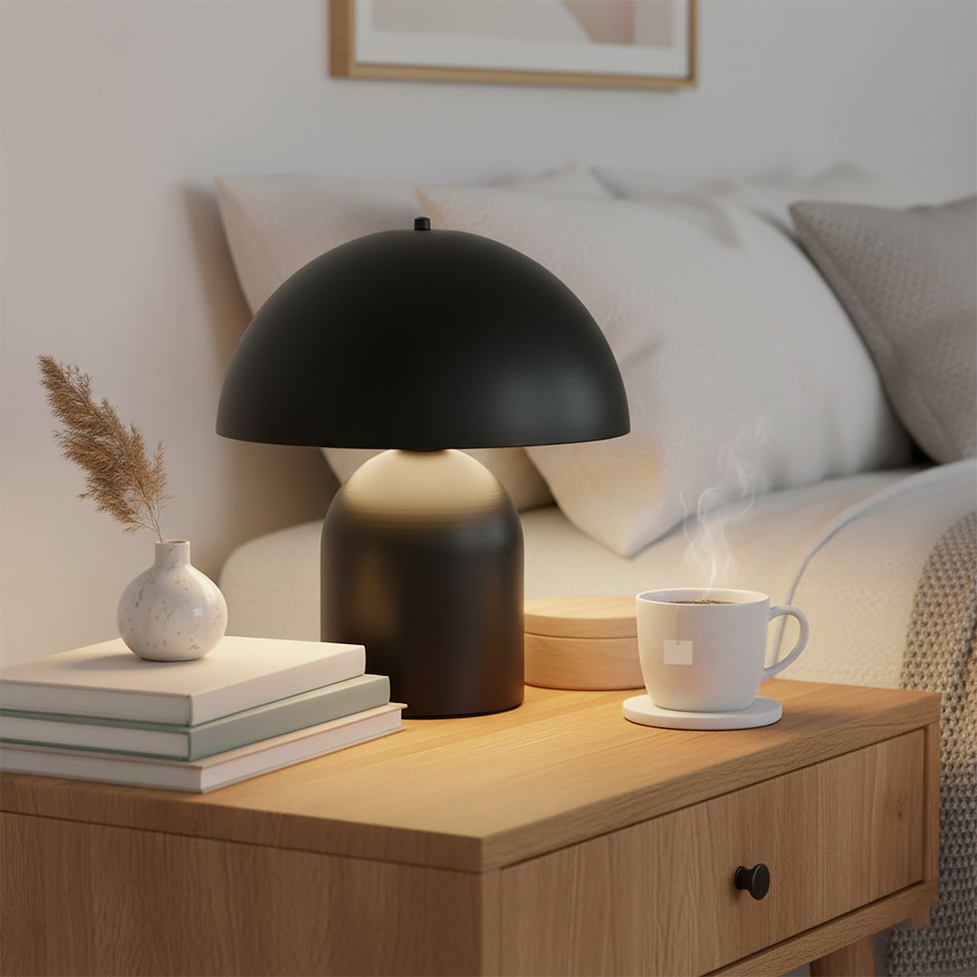 Lampe allumée sur une table en bois, entourée de livres, d'un vase et d'une tasse