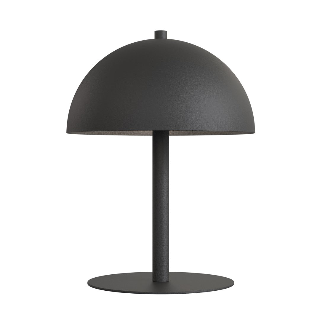 Profil de la lampe à poser noire, abat-jour en dôme et finition texturée mate.
