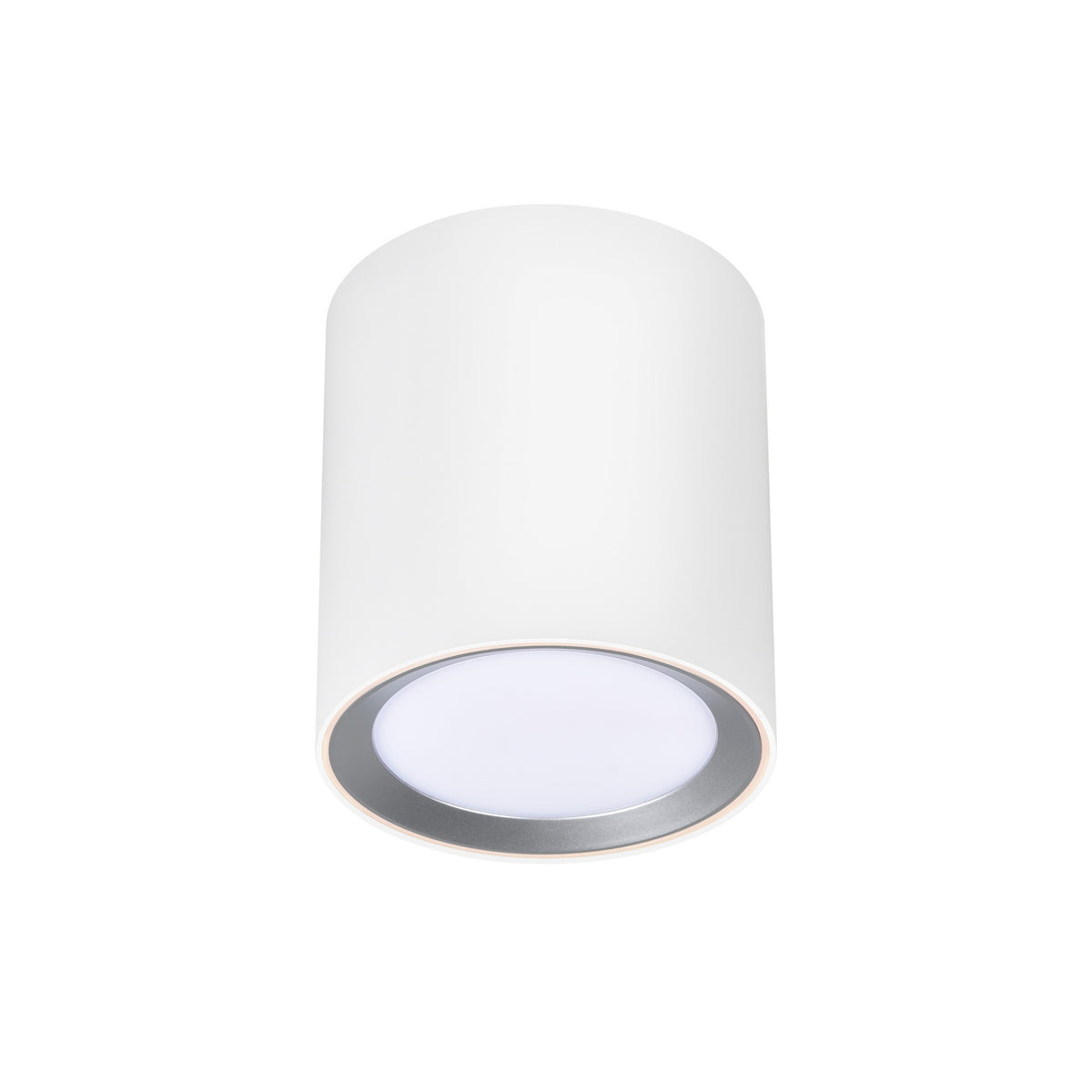 Vue de côté du luminaire cylindrique blanc avec diffuseur blanc froid et anneau argenté.