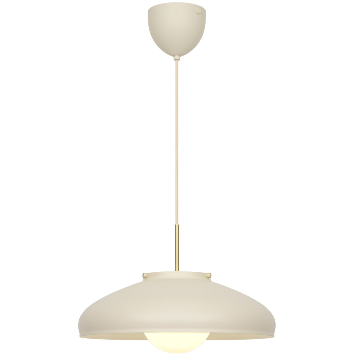 Suspension beige de face avec cordon, rosace et diffuseur en verre allumé.