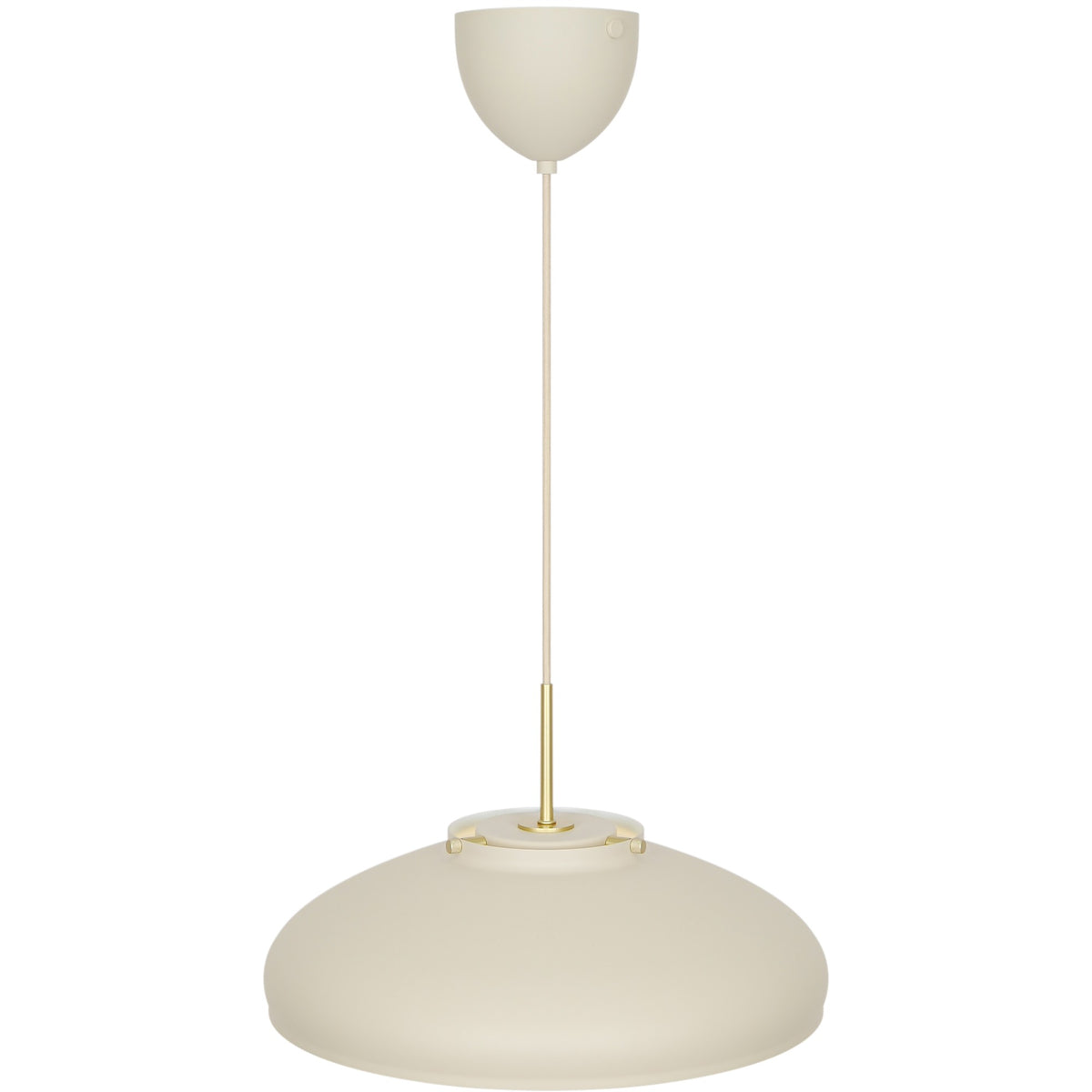 Suspension beige présentée en entier, abat-jour métallique et tige dorée fine.
