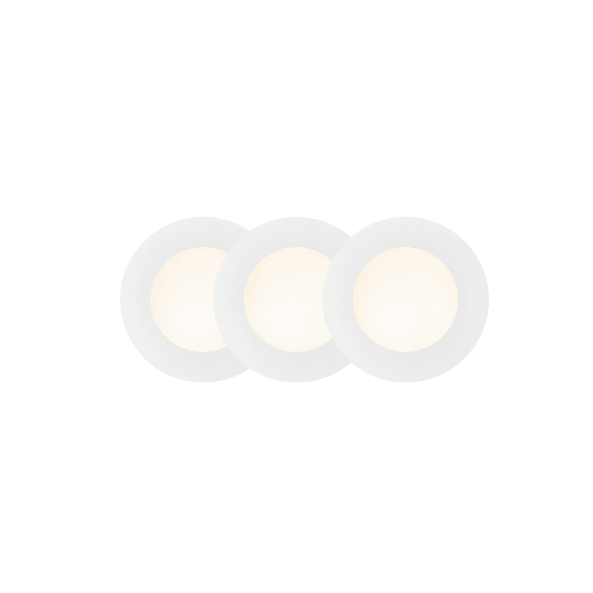 Trois spots LED blancs ronds alignés sur fond blanc, vus de face