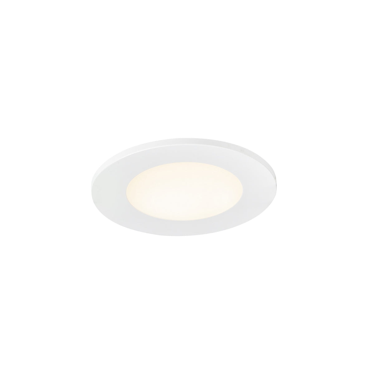 Spot encastrable blanc vu de trois quarts, collerette et halo lumineux visibles