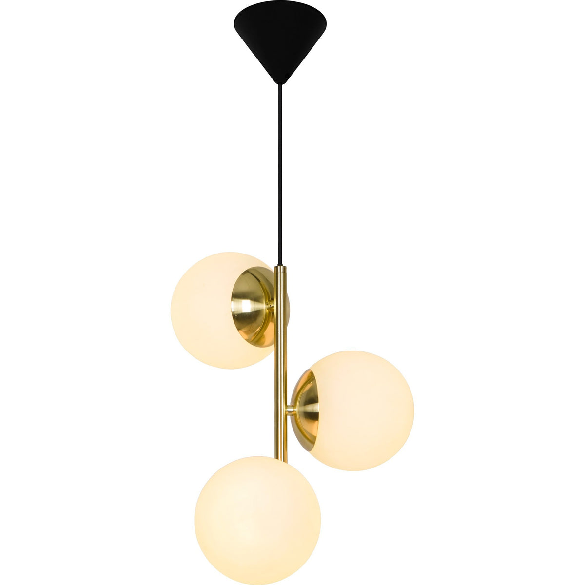 Suspension complète sur fond blanc, trois globes en verre et tige en laiton.