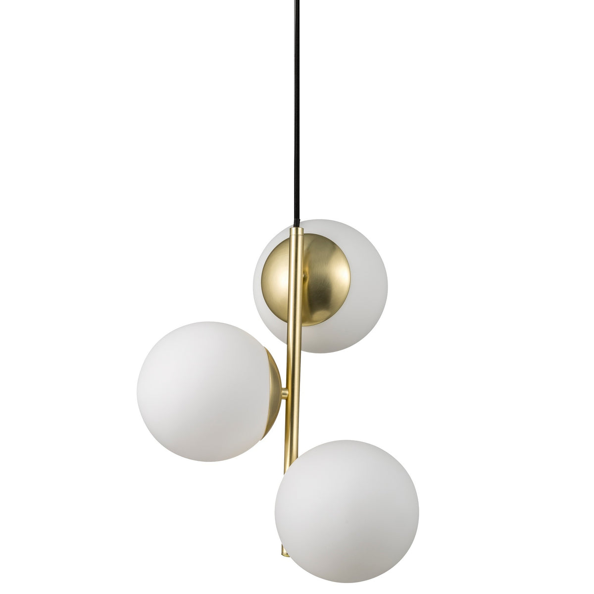 Autre angle des trois globes en verre blanc, avec la tige centrale en laiton.