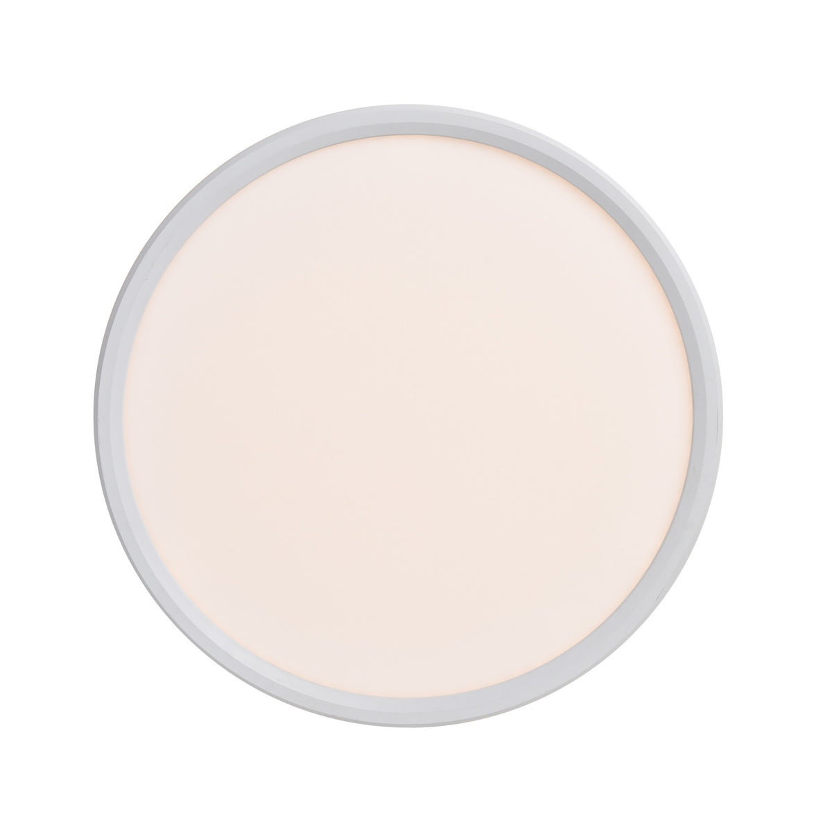 Vue de dessous du plafonnier rond diffusant une lumière chaude et homogène