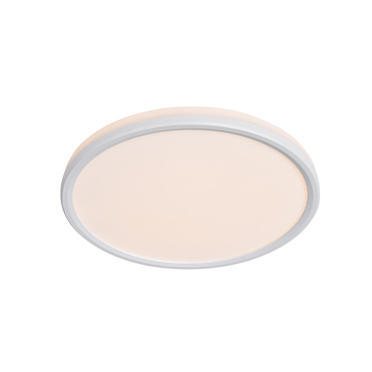 Luminaire de plafond ovale en perspective, cerclage gris et diffuseur opale satiné