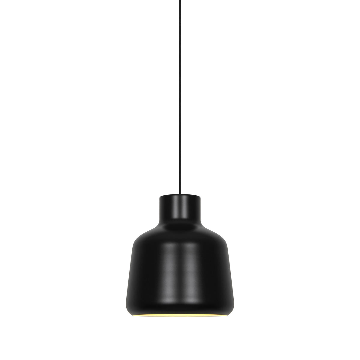 Suspension noire vue de face sur fond blanc, abat-jour en cloche arrondie