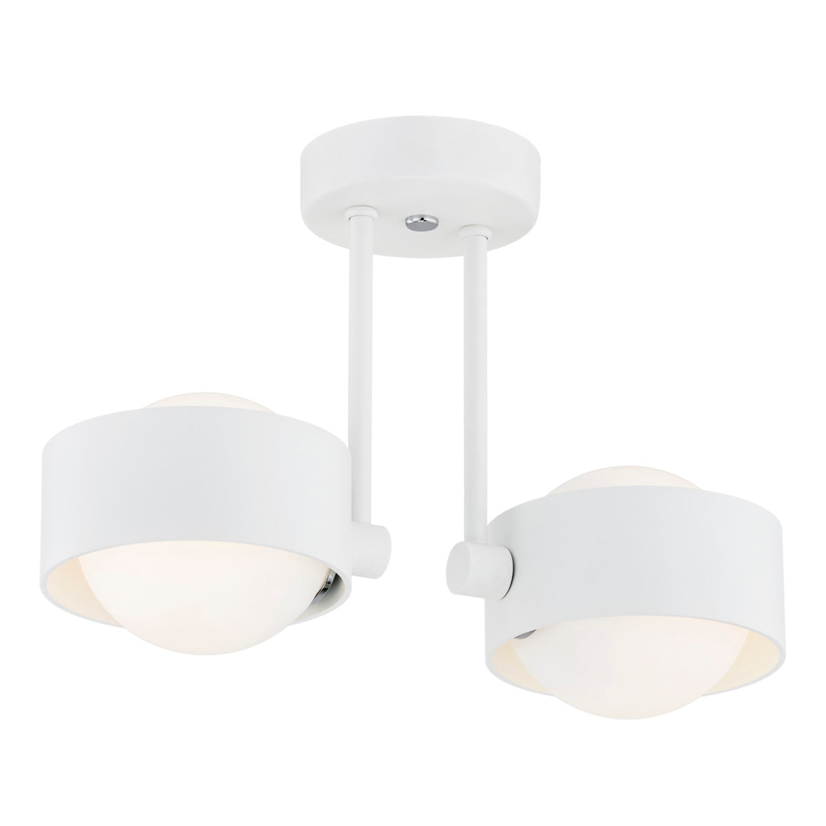 Suspension blanche à deux lumières, tiges et abat-jours cylindriques vue de face
