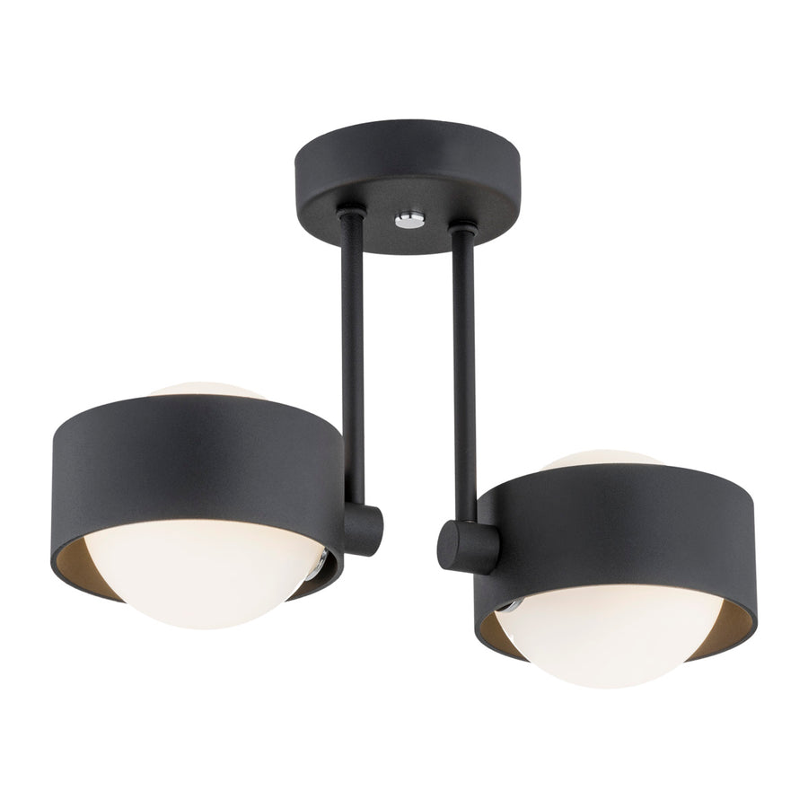 Version noire du luminaire, deux têtes orientables et diffuseurs opalins blancs
