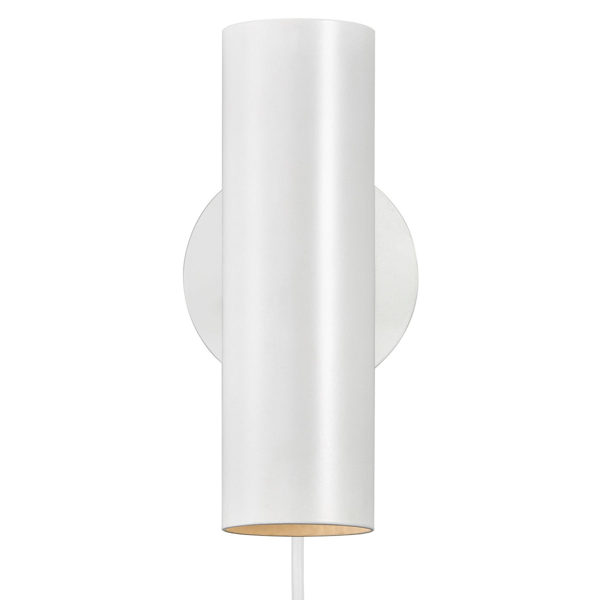 Vue de face de l'applique blanche avec cylindre vertical et intérieur doré.