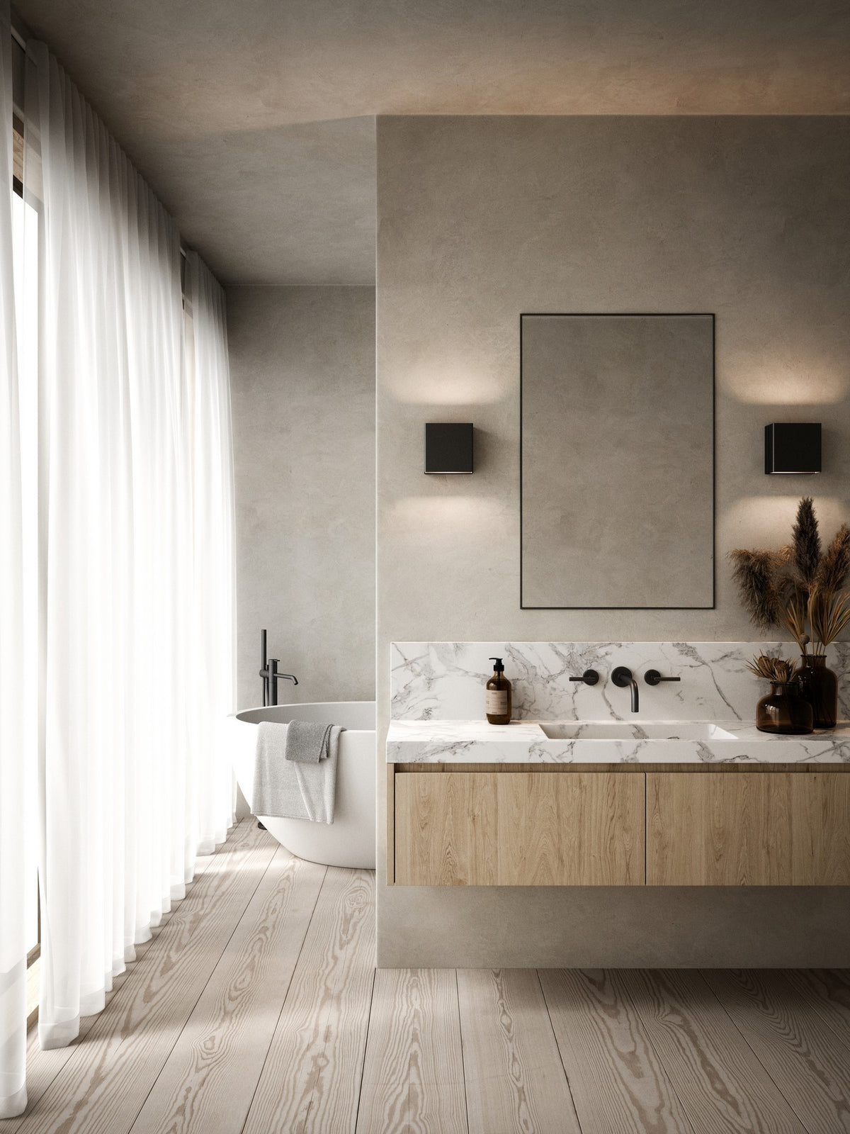 Ambiance salle de bain, deux appliques murales noires de part et d'autre du miroir