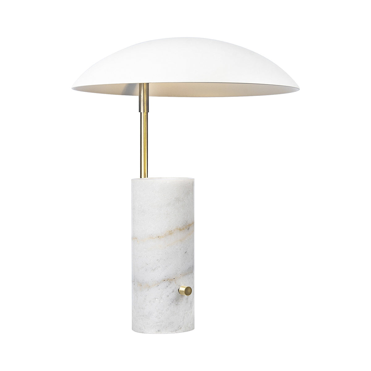 Vue de face du luminaire, abat-jour dôme blanc et base en marbre cylindrique