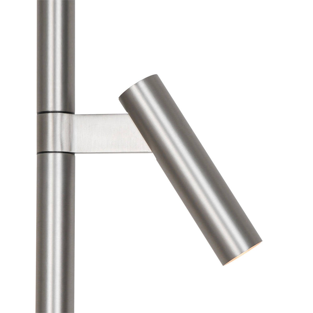 Gros plan sur le cylindre orientable et son support en métal brossé argenté