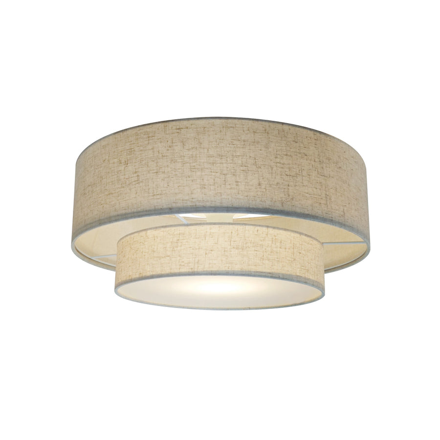 Vue de face du plafonnier rond avec double abat-jour cylindrique en tissu beige.