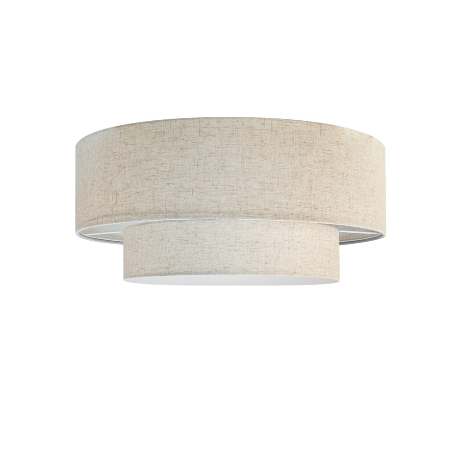 Détail rapproché du tissu beige texturé et du liseré gris des bords.