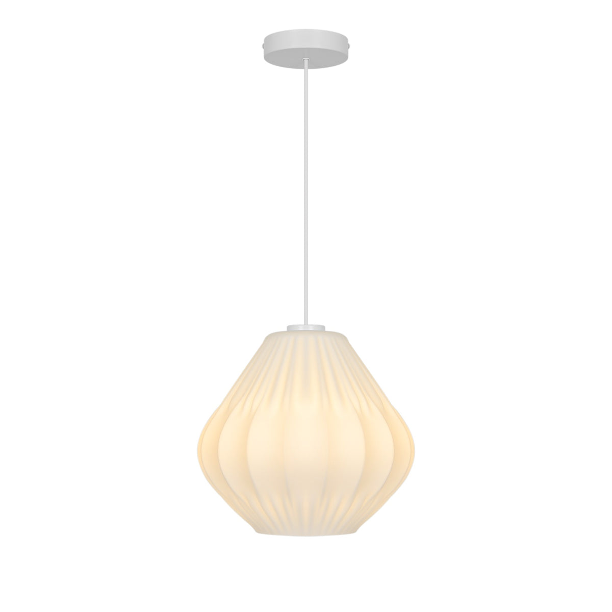 Vue d'ensemble du luminaire suspendu avec sa rosace fixée au plafond