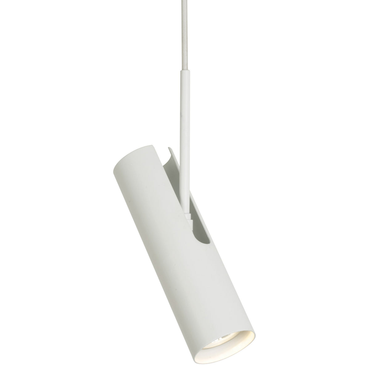 Suspension blanche vue de face, tête cylindrique orientable et câble textile fin