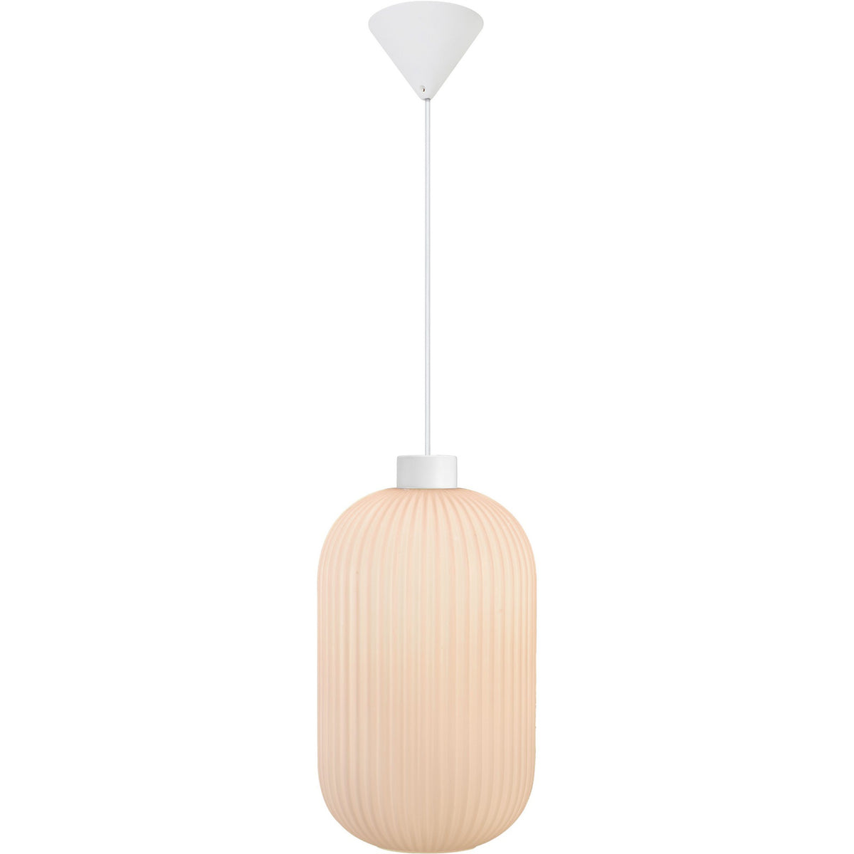 Vue d'ensemble du luminaire avec câble et rosace conique blanche
