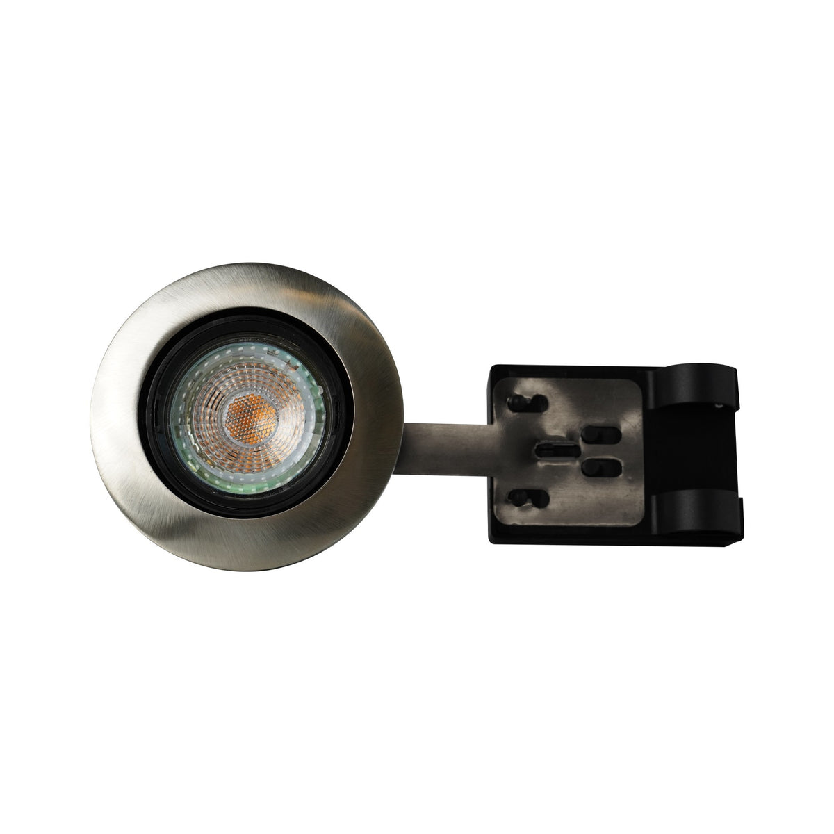 Spot encastré vu de face, collerette inox brossé et boîtier d'alimentation noir