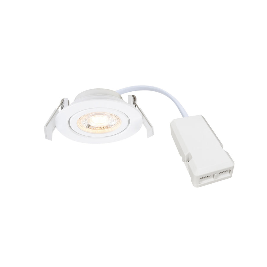 Spot LED encastrable blanc avec boîtier d'alimentation et câble, vu de trois quarts.