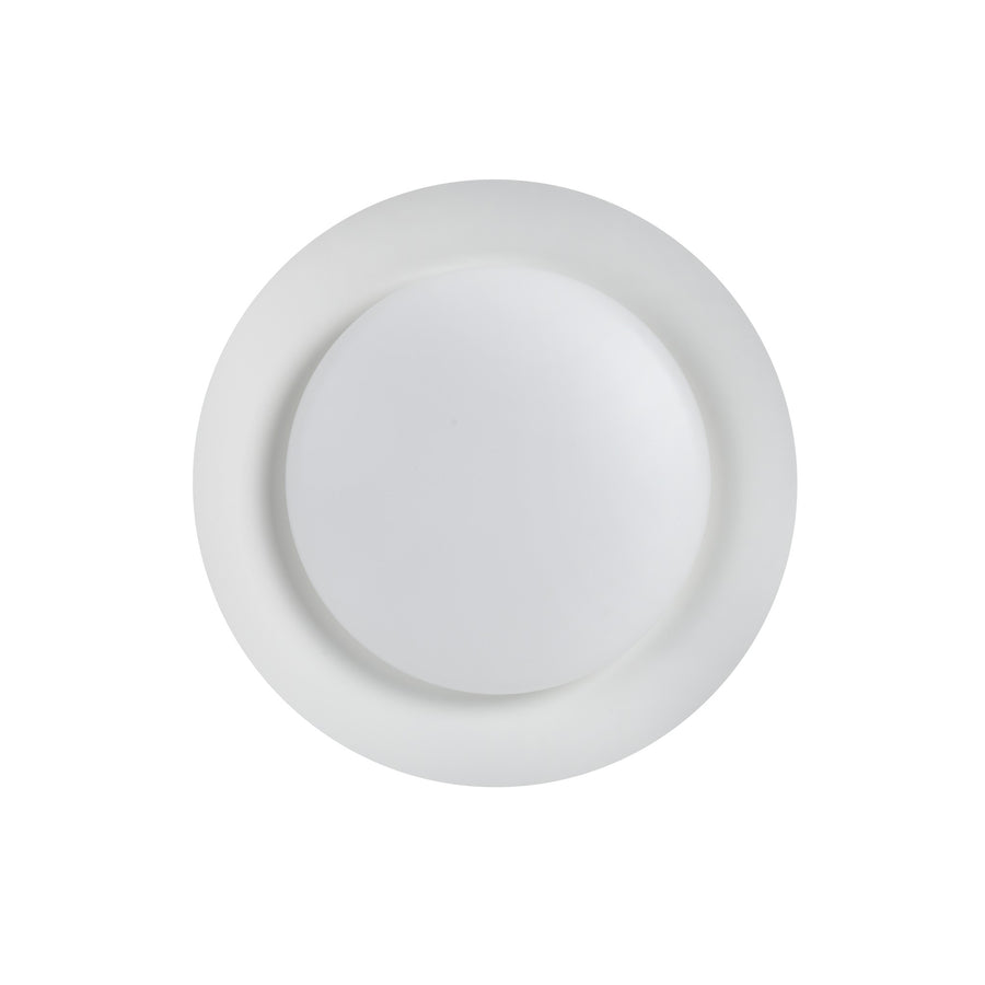 Vue de dessous du luminaire rond blanc, forme circulaire et verre opalin centré.